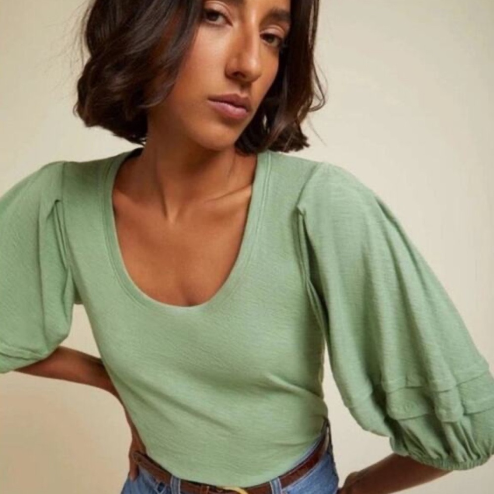 Nation LTD 100% Pima Cotton Nigella Scoop Neck Puff Sleeve Top Large Sage Green